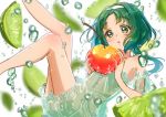  1girl :o akimoto_komachi armpits blurry blush bubble chemise cherry depth_of_field detached_sleeves food fruit galibo green_eyes green_hair hairband holding holding_food holding_fruit legs_up lime_(fruit) lime_slice lingerie long_hair oversized_object precure see-through solo strapless underwear yes!_precure_5 