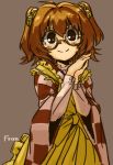  1girl apron artist_name bell brown_background brown_eyes checkered fran_(tukihashi) glasses hair_intakes hair_ornament hands_together jingle_bell long_sleeves looking_at_viewer motoori_kosuzu orange_hair round_glasses short_hair simple_background solo touhou twintails wide_sleeves 