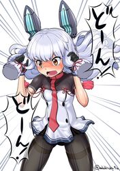  &gt;:o 1girl :o absurdres bangs black_legwear blunt_bangs commentary_request cowboy_shot dated emphasis_lines gloves hair_grab hair_ribbon headgear highres holding_hair kantai_collection long_hair masakichi_(heppouku) murakumo_(kantai_collection) necktie open_mouth orange_eyes pantyhose ribbon sailor_dress short_sleeves silver_hair simple_background small_breasts solo thighband_pantyhose translation_request twitter_username white_background 