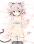  1girl akagashi_hagane animal animal_ears bra grey_eyes looking_at_viewer lying midriff mouse mouse_ears mouse_tail navel nazrin on_back on_bed panties red_eyes short_hair solo tail touhou underwear underwear_only 