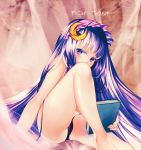  1girl book convenient_leg covering_mouth crescent crescent_hair_ornament hair_ornament leg_up long_hair looking_at_viewer panties patchouli_knowledge purple_hair silentdin sitting solo text touhou underwear violet_eyes 