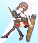  1girl bike_shorts bow_(weapon) breasts brown_eyes brown_hair crossbow flight_deck grey_legwear headband kantai_collection kishimen looking_at_viewer machinery open_mouth short_hair sideboob skirt small_breasts smile solo taihou_(kantai_collection) thigh-highs weapon 