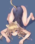  1girl absurdres animal_ears ass barefoot blonde_hair blue_eyes blush cat_ears cat_tail character_request highres long_hair one-piece_swimsuit open_mouth oukawa_yuu school_swimsuit slit_pupils solo swimsuit tail top-down_bottom-up touhou 