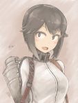  &gt;:d 1girl :d black_eyes black_hair blush buchi_imori character_name hayasui_(kantai_collection) highres kantai_collection long_sleeves looking_away looking_to_the_side open_mouth short_hair smile solo turtleneck upper_body zipper 