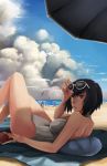  1girl alternate_hair_length alternate_hairstyle back beach black_hair blue_eyes book breasts clouds cloudy_sky eyebrows frown highres kill_la_kill kiryuuin_satsuki lips looking_at_viewer looking_back lying nose on_back one-piece_swimsuit short_hair sky solo solo_focus sunglasses sunglasses_on_head swimsuit thick_eyebrows whistle_frog white_swimsuit 