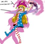  1girl america blonde_hair blush_stickers brown_eyes clown_hat clownpiece dress english fairy hat long_hair open_mouth pantyhose singing touhou uzumaki_tenba 