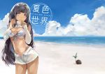  1girl arm_warmers bangs beach black_hair blunt_bangs breasts cleavage coconut contrapposto front-tie_top fujishima leaning_forward long_hair looking_at_viewer midriff navel ocean one-piece_tan original outdoors parted_lips shirt_lift short_shorts shorts solo tan tanline violet_eyes 
