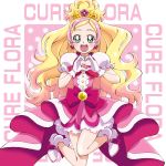  1girl :d blonde_hair blue_eyes blush boo_(takagi) bow brooch cure_flora earrings eyebrows flower_earrings gloves go!_princess_precure happy haruno_haruka heart heart_hands highres jewelry long_hair magical_girl multicolored_hair open_mouth pink_bow pink_hair pink_skirt precure shoes skirt smile solo streaked_hair thick_eyebrows two-tone_hair white_gloves white_shoes 