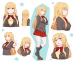  1girl black_legwear blonde_hair blue_eyes blush breast_hold character_sheet expressions fang from_behind hair_between_eyes index_finger_raised long_hair nao_(ritsancrossover) open_mouth original profile school_uniform socks solo sweatdrop 