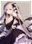  1girl absurdres azur_lane bangs bare_shoulders between_breasts black_dress black_nails blush breasts cowboy_shot dress earrings eyebrows_visible_through_hair flight_deck formidable_(azur_lane) frilled_dress frills grey_hair hair_ribbon hand_up highres jewelry jun.bit large_breasts long_hair long_sleeves looking_at_viewer pantyhose red_eyes ribbon rigging skirt_hold solo twintails two-tone_dress two-tone_ribbon very_long_hair white_legwear 