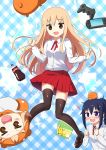  3girls :d animal_on_head black_legwear blonde_hair blush brown_eyes checkered checkered_background chibi coca-cola controller doma_umaru drogoth game_controller hamster hamster_costume handheld_game_console highres himouto!_umaru-chan hood long_hair looking_at_another looking_at_viewer motoba_kirie multiple_girls open_mouth playstation_portable ponytail purple_hair school_uniform simple_background skirt smile solo_focus star thigh-highs violet_eyes zettai_ryouiki 