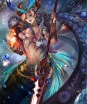  1girl blue_lipstick blue_nails breasts copyright_request demon_girl demon_horns earrings extra_eyes fantasy fingernails green_eyes horns jewelry large_breasts lipstick long_fingernails long_hair makeup midriff nail_polish navel pink_hair polearm solo spear tentacles under_boob weapon yang_fan 