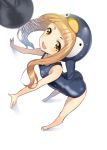  1girl :d animal_costume ass bird blonde_hair blush ichihara_nina idolmaster idolmaster_cinderella_girls long_hair looking_at_viewer one-piece_swimsuit open_mouth penguin penguin_costume pokachu shower_head simple_background smile solo swimsuit water white_background yellow_eyes 