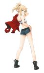  1girl blonde_hair bra denim denim_shorts fate/apocrypha fate_(series) from_behind green_eyes highres looking_at_viewer official_art saber_of_red shorts shorts_shorts smile solo transparent_background underwear white_bra 