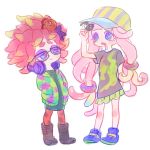  2girls anemo_(splatoon) baseball_cap blue_eyes bracelet drooling eyelashes eyeshadow fish_hair_ornament glenna_nalira green_skirt hair_ornament hands_in_pockets hat hoodie jewelry long_hair makeup miniskirt multiple_girls orange_legwear pantyhose pink_hair pleated_skirt shoes skirt sneakers splatoon squid_print tentacle_hair uzus 