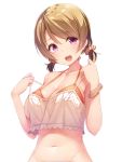  1girl alternate_hairstyle blush breasts brown_hair cleavage koizumi_hanayo looking_at_viewer love_live!_school_idol_project navel open_mouth scrunchie short_hair short_ponytail simple_background siva_(executor) smile solo strap_pull violet_eyes white_background 