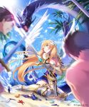  1girl 2boys angel_wings arm_support armor bangs beach blonde_hair blue_sky blurry breasts clenched_teeth comet_(teamon) company_name depth_of_field dragon feathers gauntlets long_hair multiple_boys official_art one_eye_closed outdoors palm_tree pauldrons sand shingeki_no_bahamut short_hair sitting sky solo_focus starfish sword thigh-highs torn_clothes tree water weapon wings 