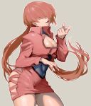  1girl breasts brown_hair cleavage cleavage_cutout cowboy_shot cropped_jacket earrings fingernails grey_background hair_over_eyes jewelry king_of_fighters large_breasts long_fingernails long_hair looking_at_viewer miniskirt pointing pointing_at_viewer shermie skirt solo split_ponytail ysk! 