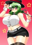  1girl akasode_(tyaramu) bare_shoulders blush breasts cane green_hair hat highres huge_breasts kazami_yuuka looking_at_viewer midriff open_mouth panties pantyshot pantyshot_(standing) pencil_skirt red_eyes short_hair skirt solo standing super_sonico_(cosplay) thigh-highs top_hat touhou underwear wrist_cuffs 