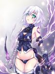  1girl armpits assassin_of_black belt blue_eyes dagger dual_wielding fate/apocrypha fate_(series) midriff miyabi_urumi navel panties parted_lips scar short_hair solo thigh-highs underwear weapon white_hair 