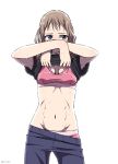  1girl abs blue_eyes blush bra breasts brown_hair highres long_hair midriff navel original shirt_lift shorts sports_bra sweat sweating sweating_profusely syego underwear undressing wet 