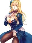  1girl atago_(kantai_collection) beret black_bra blonde_hair bra breasts cleavage eyelashes green_eyes hat highres kantai_collection large_breasts lips long_hair long_sleeves looking_at_viewer military military_uniform nose pantyhose ringovalent simple_background solo underwear uniform white_background 