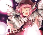  1girl animal_ears blush closed_eyes dress hat mystia_lorelei open_mouth outstretched_arms outstretched_hand pink_hair shinoasa short_hair smile solo touhou wings 