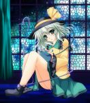  1girl aoi_hiro bow green_eyes green_hair hat hat_bow heart heart_of_string komeiji_koishi sash sitting solo stained_glass touhou wide_sleeves 