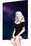  1girl absurdres bare_shoulders black_dress breasts cleavage detached_sleeves dress early_type grey_eyes halterneck highres lips makeup mascara nose original pale_skin sitting sky solo star_(sky) starry_sky white_hair windowsill 