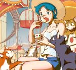  1girl ajiyumi amusement_park blue_hair cat denim denim_shorts eating food hat ice_cream original short_hair shorts straw_hat 