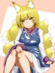  1girl animal_ears blonde_hair breasts fox_ears fox_tail highres hyudora large_breasts multiple_tails no_hat smile solo tail touhou yakumo_ran yellow_eyes 