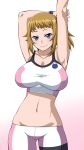  1girl arms_up blue_eyes breasts brown_hair gundam gundam_build_fighters gundam_build_fighters_try highres hoshino_fumina large_breasts long_hair looking_at_viewer maru_(maruttona) midriff navel ponytail smile solo 