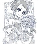  1girl davi_(dokidoki!_precure) dokidoki!_precure dress flower hat headset idol jewelry kenzaki_makoto looking_at_viewer microphone monochrome necklace nobita outstretched_hand pearl_necklace precure ribbon rose short_hair smile solo traditional_media 