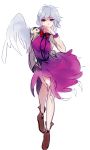  1girl bow dress grey_hair hug_(artist) kishin_sagume purple_dress red_bow red_eyes short_hair simple_background single_wing solo touhou white_background wings 
