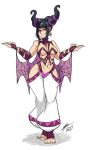  1girl alternate_costume arm_ribbon baggy_pants bare_shoulders barefoot bigdead93 black_hair breasts cape contrapposto earrings full_body han_juri highres hip_vent jewelry large_breasts navel pants revealing_clothes ribbon short_twintails sidelocks solo spider_web_print standing street_fighter street_fighter_iv super_street_fighter_iv toeless_socks twintails violet_eyes wide_hips 