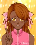  1girl akimichi_chouchou blush brown_eyes brown_hair dark_skin ear_studs earrings hair_ribbon hair_rings jewelry keysha_valentine long_hair naruto naruto_shippuuden portrait ribbon sleeveless smile solo v 