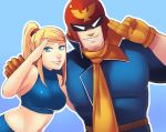  1boy 1girl alternate_costume arm_around_shoulder bangs blonde_hair blue_eyes bodysuit captain_falcon crop_top crossover f-zero gloves greenmarine heart helmet high_collar lips metroid midriff navel nintendo nose ponytail salute samus_aran scarf sidelocks smile sports_bra super_smash_bros. swept_bangs 