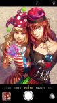  2girls american_flag_shirt arm_around_shoulder bangs black_shirt blonde_hair cellphone cellphone_camera clownpiece collar collarbone earth_(ornament) gold_chain gradient_eyes hat hecatia_lapislazuli highres legacy_of_lunatic_kingdom lips long_hair looking_at_viewer moon multicolored_eyes multicolored_skirt multiple_girls nose open_mouth phone photo_(object) red_eyes redhead shirt short_hair side-by-side smile sunyuqian teeth torch touhou violet_eyes 
