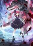  1girl arms_up blue_eyes detached_sleeves dress fangs highres horns kankurou long_hair magic magic_circle mary_janes monster original pink_hair scar shoes skull smile staff summoning twintails weapon wolf 