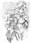  2girls akemi_homura graphite_(medium) gun hairband hat magical_girl mahou_shoujo_madoka_magica mahou_shoujo_oriko_magica mikuni_oriko monochrome multiple_girls nobita orb shako_cap traditional_media veil weapon 