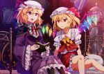  2girls :d :o agatha_christie_(author) bed black_legwear blonde_hair blush bow brooch cape coat dress e.o. embellished_costume english flandre_scarlet frilled_shirt frilled_shirt_collar hat high_collar jewelry maribel_hearn miniskirt mirror mob_cap multiple_girls open_mouth pantyhose pillow reading red_eyes short_hair side-by-side sitting skirt smile ten_little_indians touhou trait_connection violet_eyes wings 