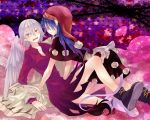  2girls blue_hair clothes_removed covering_face doremy_sweet dress fangs feathered_wings girl_on_top hat kishin_sagume ko_kita looking_to_the_side multiple_girls nightcap open_mouth pom_pom_(clothes) purple_dress red_eyes short_hair short_sleeves silver_hair single_wing tail touhou wings yuri 
