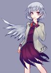  1girl bow bowtie grey_hair jacket kishin_sagume long_sleeves looking_at_viewer open_mouth red_eyes short_hair simple_background skirt solo touhou uranaishi_(miraura) wings 