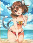  1girl ;d adapted_costume animal_ears bangs beach bikini bow bow_bikini breasts brown_hair cat_ears cat_tail chen cleavage clouds cloudy_sky collarbone cowboy_shot earrings fang frilled_bikini frills groin hair_between_eyes highres jewelry looking_at_viewer mary0524 multiple_tails navel ocean one_eye_closed open_mouth outdoors photo red_eyes shiny shiny_hair short_hair sky smile solo swimsuit tail tareme thighs touhou traditional_media two_tails yellow_bow 