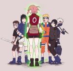  1girl 5boys aura bandaged_arm bandaged_leg black_gloves black_hair blood blush bruise clenched_hands detached_sleeves face_mask forehead_protector gloves grey_background handwraps haruno_sakura hatake_kakashi headband highres injury jumpsuit konohagakure_symbol kunai looking_back mask multiple_boys naruto naruto_shippuuden open_toe_shoes pink_hair reverse_grip sai shivi_martin shoes short_hair short_sword shorts silver_hair solo_focus sword time_paradox uchiha_sasuke uzumaki_naruto weapon yamato_(naruto) you_gonna_get_raped younger 