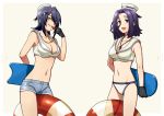  2girls alternate_costume black_gloves blush eyepatch floater gloves hat kantai_collection kirusu multiple_girls open_mouth purple_hair shiny shiny_skin short_hair shorts smile swimsuit tatsuta_(kantai_collection) tenryuu_(kantai_collection) whistle 