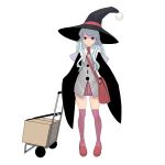  1girl bag blue_hair box hat highres long_hair looking_at_viewer masao original purple_legwear simple_background smile solo thigh-highs violet_eyes white_background witch witch_hat 