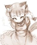  1girl animal_ears ario arms_behind_back braid cat_ears cat_tail dress frilled_dress frills kaenbyou_rin long_hair long_sleeves multiple_tails puffy_long_sleeves puffy_sleeves sepia simple_background solo sweat tail touhou twin_braids two_tails white_background 