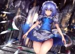  1girl apron arms_at_sides blue_dress blue_eyes blurry commentary_request danmaku depth_of_field dress female izayoi_sakuya looking_at_viewer maid maid_headdress puffy_short_sleeves puffy_sleeves rinaka_moruchi short_dress short_hair short_sleeves silver_hair smile solo touhou waist_apron 