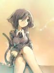  1girl animal_ears brown_hair cat_ears cigarette commentary_request copyright_request crossed_legs kei_(keigarou) short_hair sitting smoking solo sweater tail 